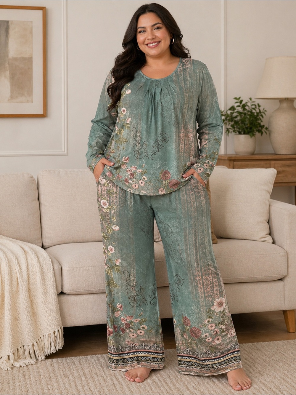 Boho Two Piece Loungewear Set PlusSize Floral Print Long Sleeve Pajama Set Green